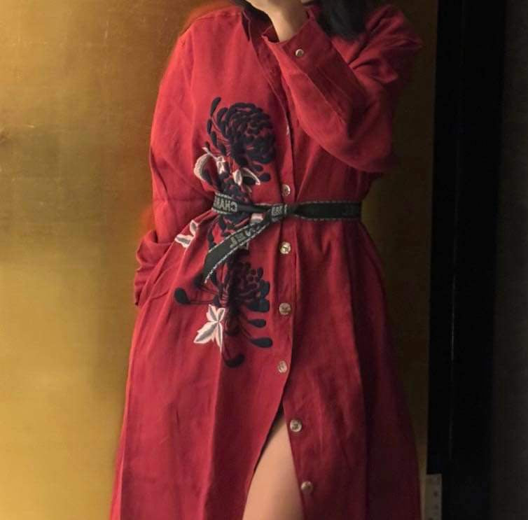 "Soleil embroidered red linen dress shirt by Huulala, Vietnamese artisan design"