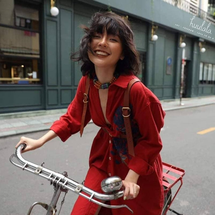 "Red embroidered linen dress shirt 'Soleil' by Huulala, showcasing Vietnamese artisan craftsmanship."