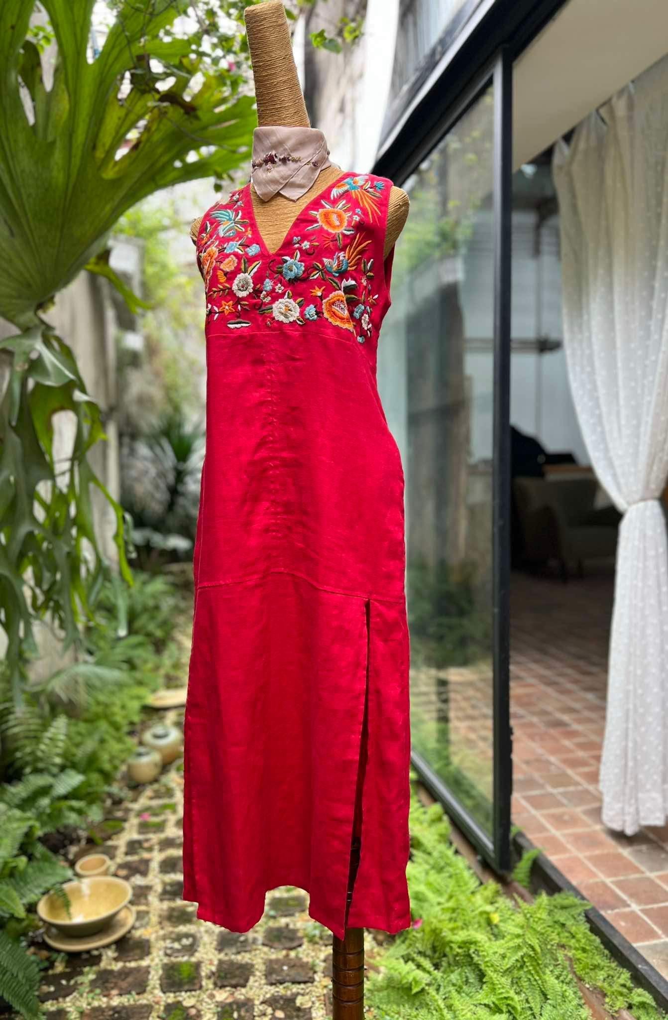 "Phoenix and Flowers" red linen V-neck dress with floral embroidery, Vietnamese artisan design by Huulala.