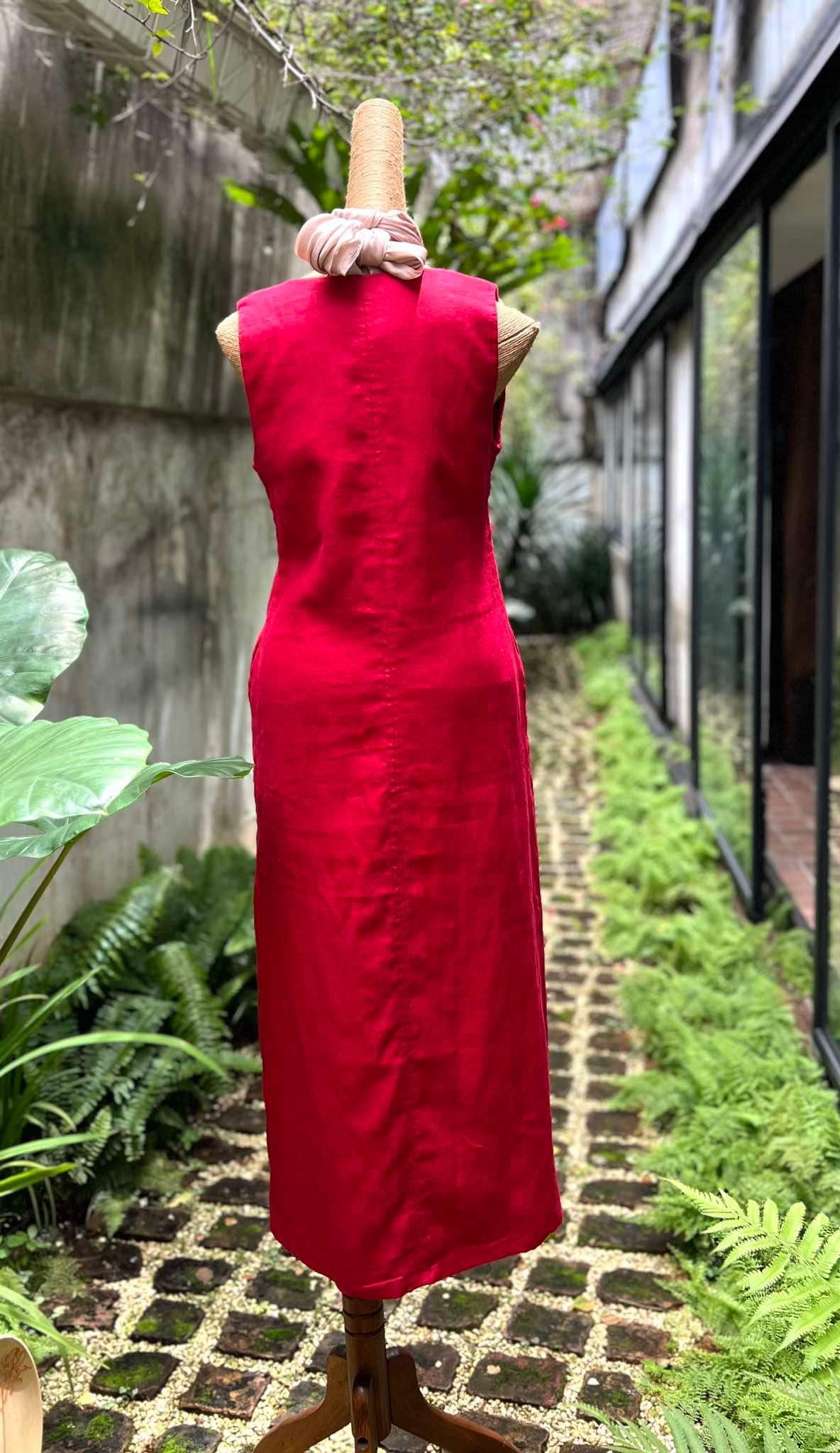 "Phoenix and Flowers" red embroidered V-neck linen dress, Vietnamese artisan design.