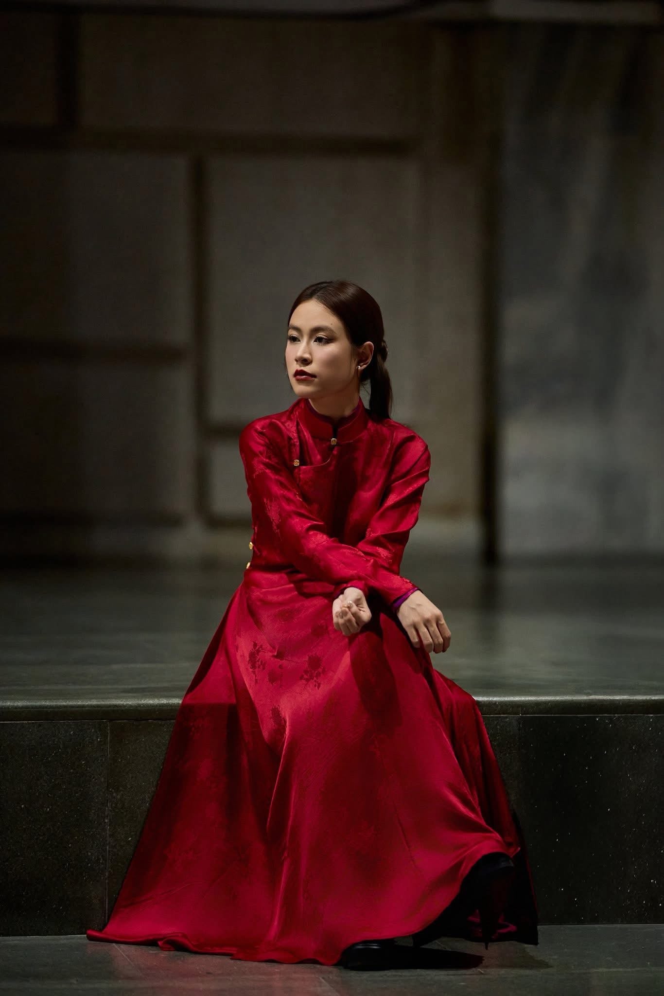 Thy Giao Ao-dai Set – Luxury Double-layer Hand-Embroidered WormSilk in Crimsom [Wedding Collection] by Lalin - detail shot of embroidery and traditional Vietnamese motifs, premium Vietnamese silk clothing
