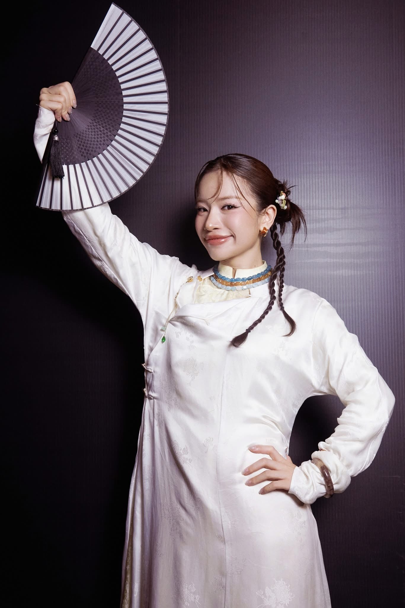 Nghi Giao Ao-dai Set – Luxury Double-layer Hand-Embroidered WormSilk in White [Wedding Collection] by Lalin - view 7 of 8, premium Vietnamese silk clothing