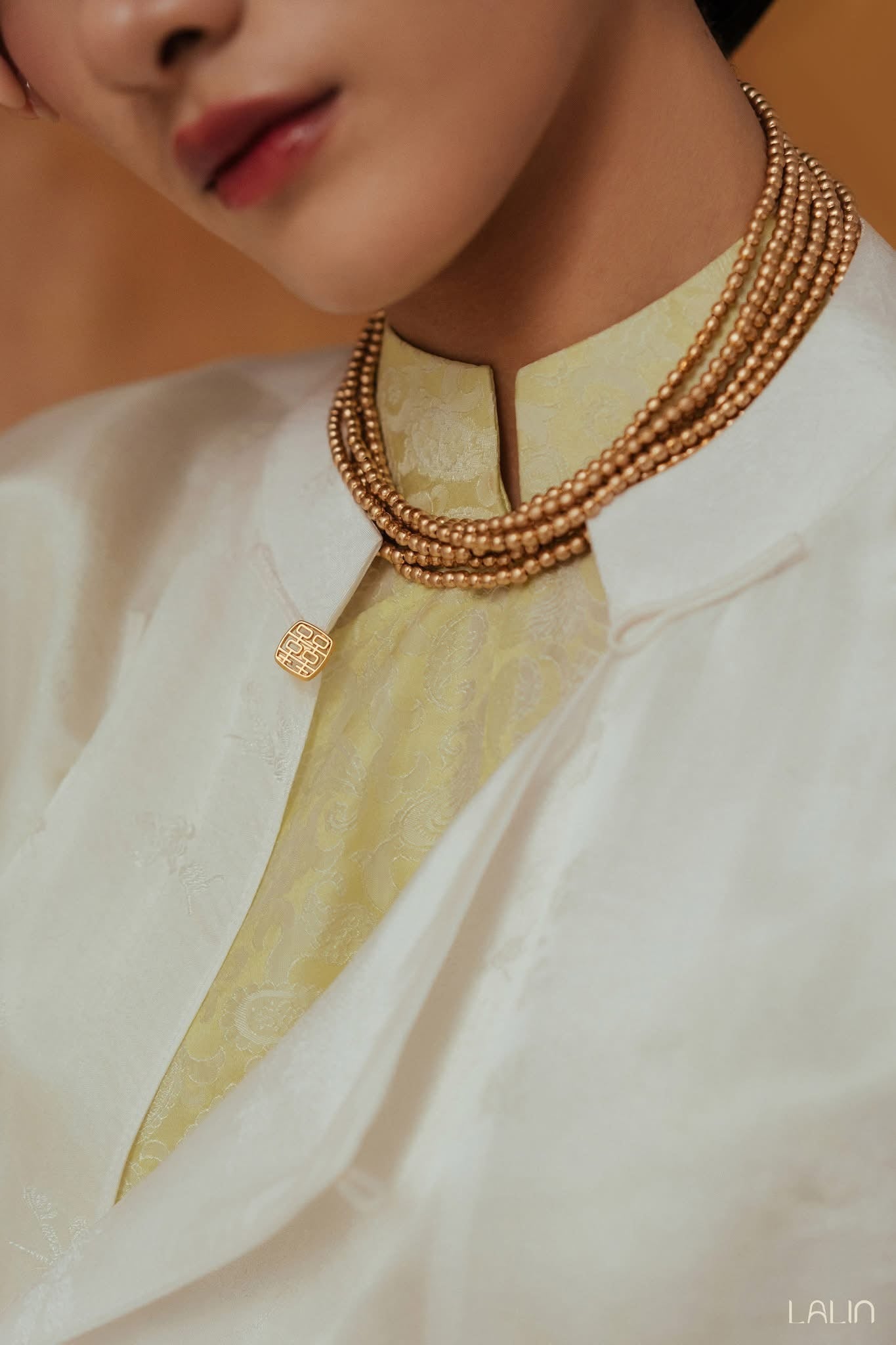 Nghi Giao Ao-dai Set – Luxury Double-layer Hand-Embroidered WormSilk in White [Wedding Collection] by Lalin - side view highlighting elegant silhouette and fabric drape, premium Vietnamese silk clothing