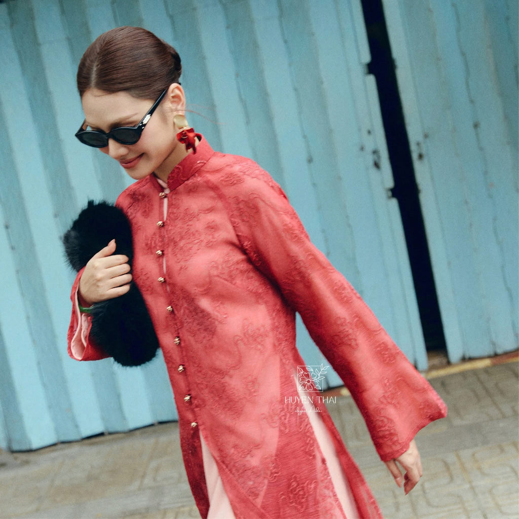 Giai Ky Cardigan – Embroidered Lace in Light Purple - side profile by Huyen Thai Collection