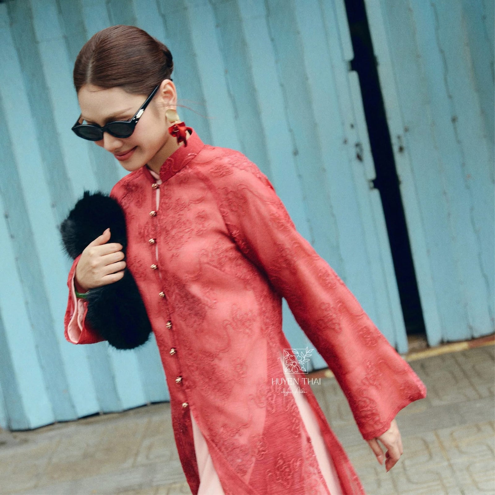 Giai Ky Cardigan – Embroidered Lace in Light Purple - side profile by Huyen Thai Collection