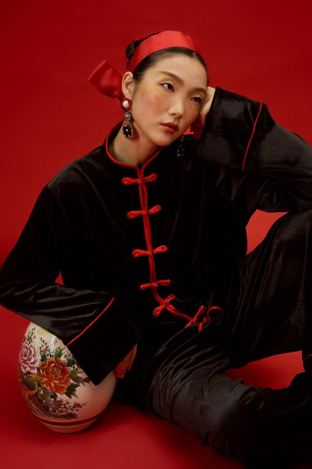 Vietnamese Embroidery - Xuân Mãn” – Snow Velvet Set in Midnight Black - front view in black by SY Design