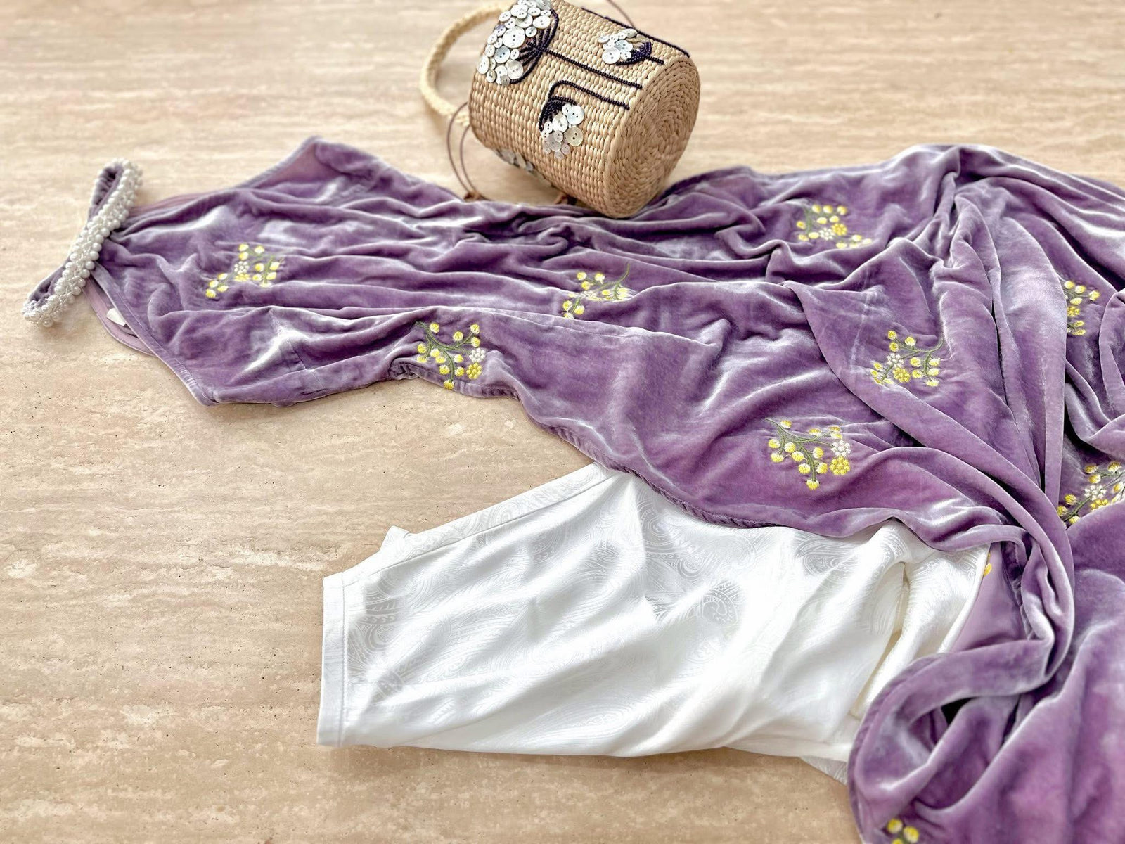 Velvet Blush Ao Dài Set - Halter Neck with pearl embellishments and embroidery - flat lay display by Saang