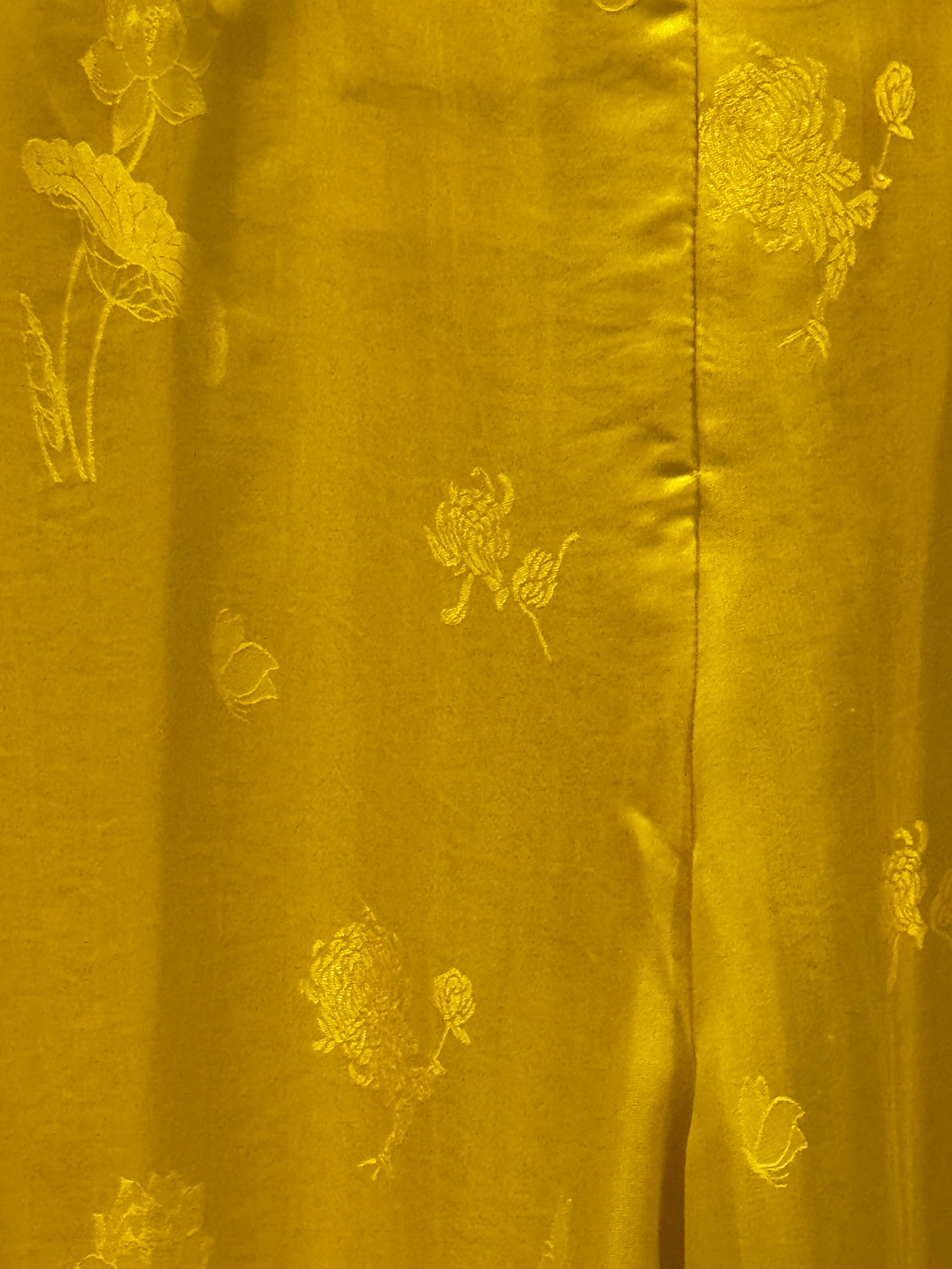 Vietnamese Embroidery - Lotus pattern Ao Dai pants in Lotus Pattern Wormsilk - detail close-up in yellow by Moc
