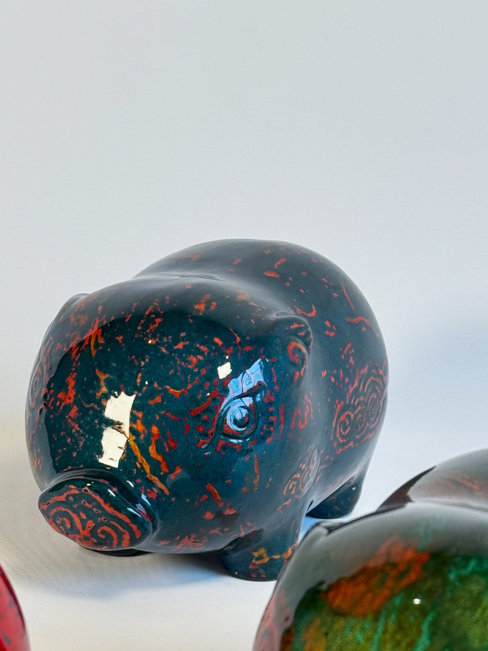Vietnamese Lacquer - Ceramic Piggy in Lacquer - detail close-up in blue by Lam Phong Pottery