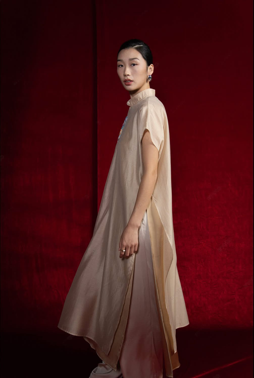 Vietnamese Ao Dai - Van Sa Set - Sequenced Tunic set - side profile in silk in beige by Hy Phuong