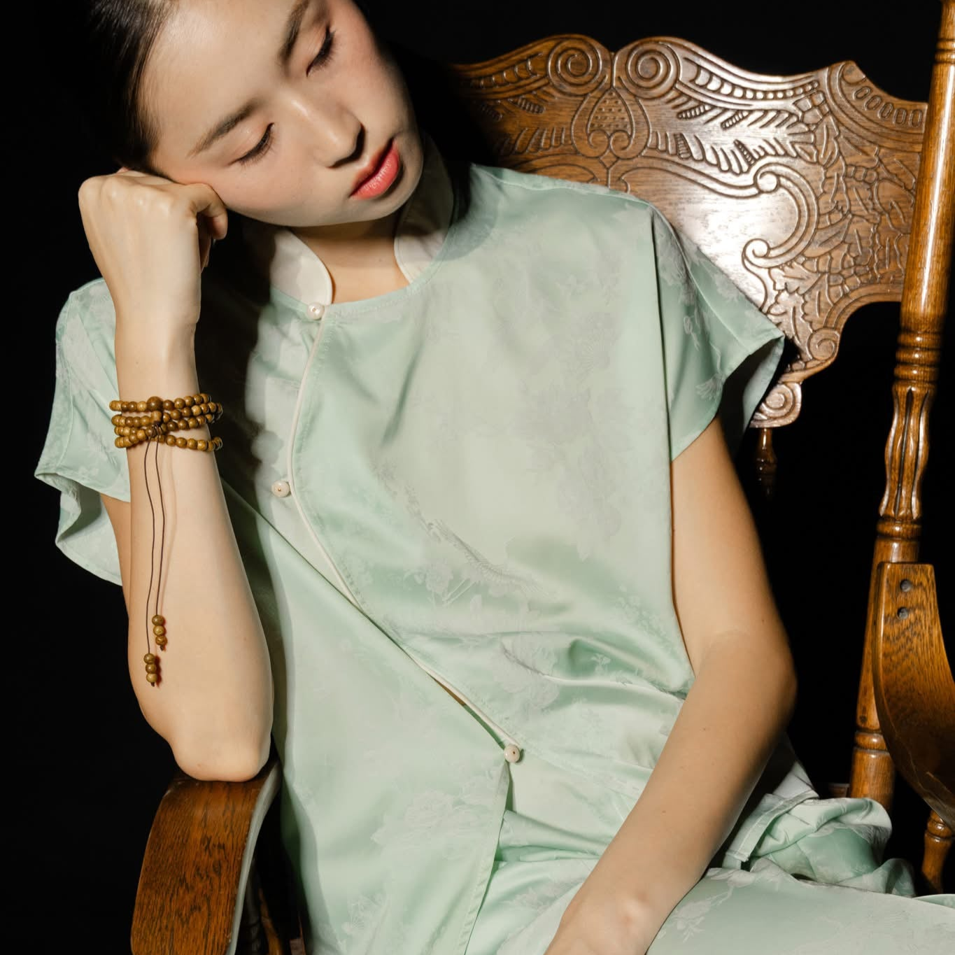 "Nghinh Xuân" Mandarin-neck top in mint green jacquard with modern patterns, Vietnamese design by Hy Phuong.