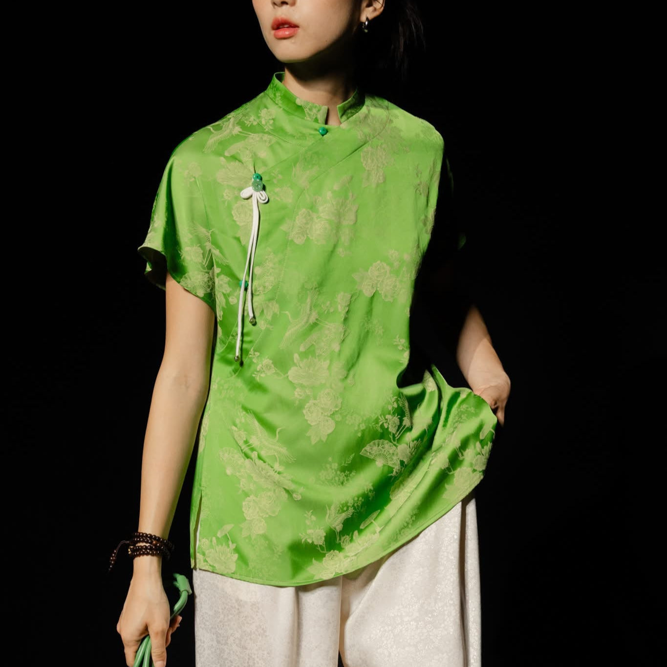 "Yen Chi Set - Mandarin-neck green jacquard silk top by Hy Phuong, modern Vietnamese style"