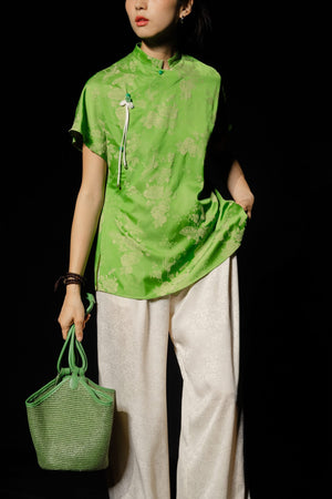 "Yen Chi Set - Mandarin-neck green jacquard silk top by Hy Phuong, modern Vietnamese style"