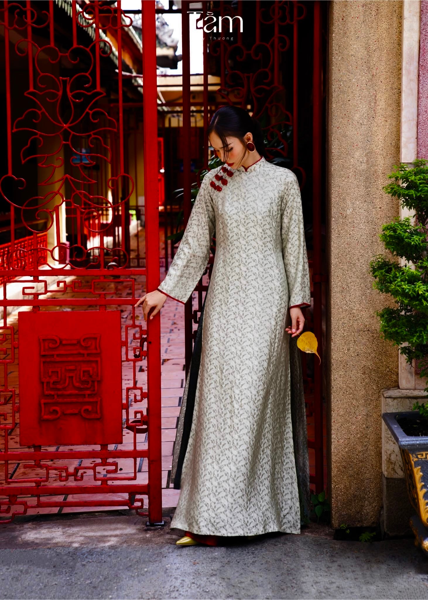 "Tuong An" Ao Dai Set - Wormsilk with Embellised Frog Button in Grey Silver