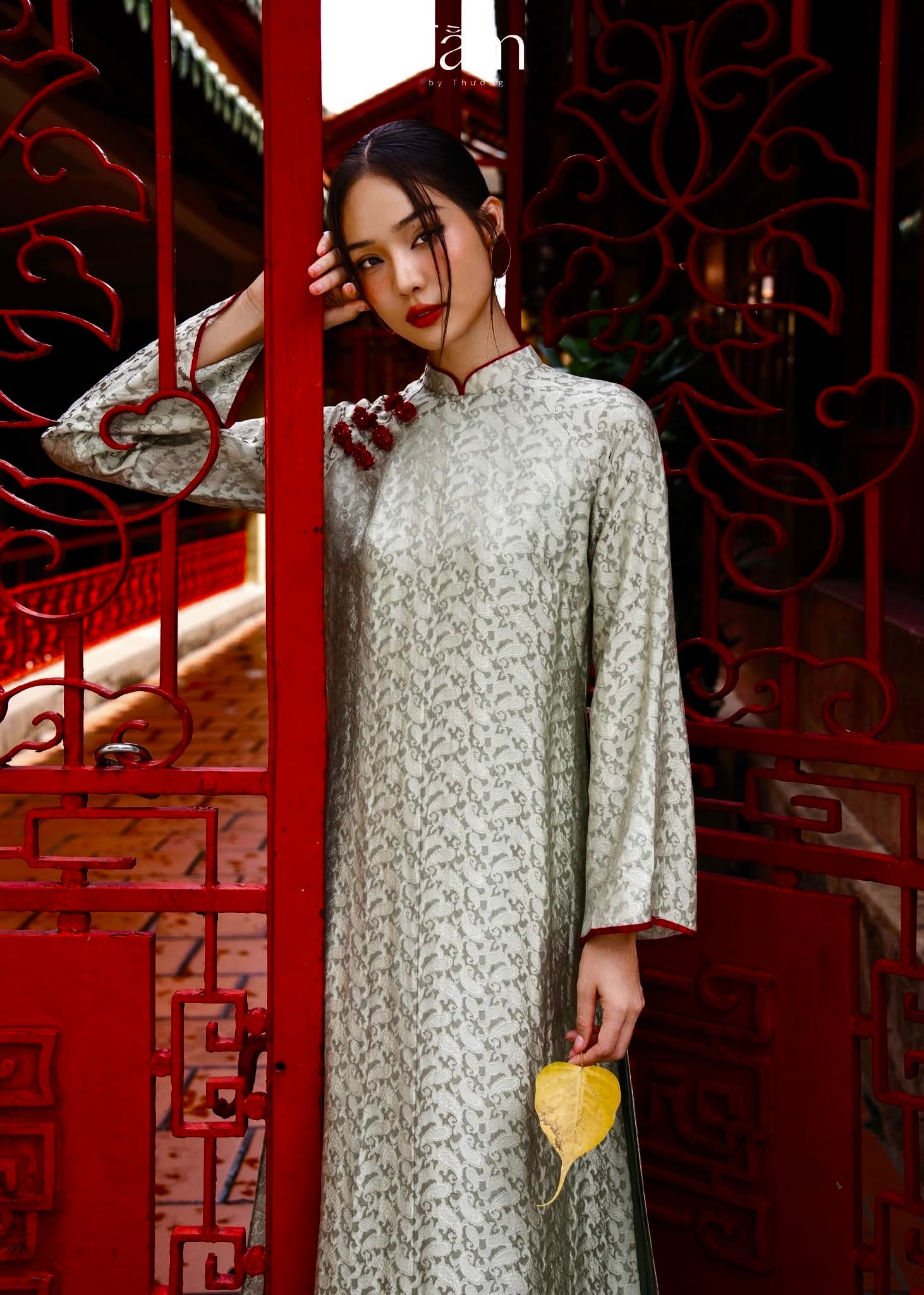 "Tuong An" Ao Dai Set - Wormsilk with Embellised Frog Button in Grey Silver