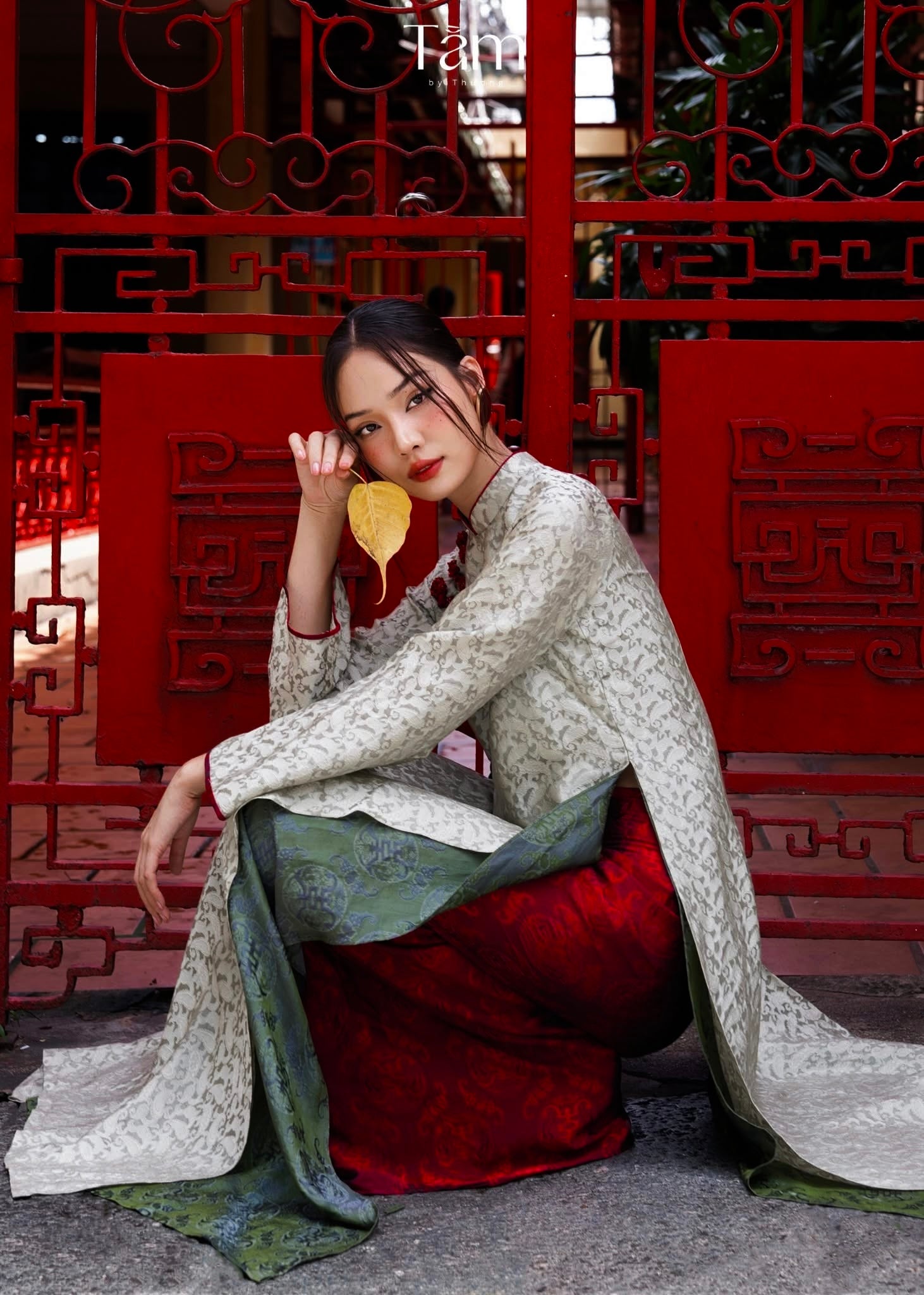 "Tuong An" Ao Dai Set - Wormsilk with Embellised Frog Button in Grey Silver