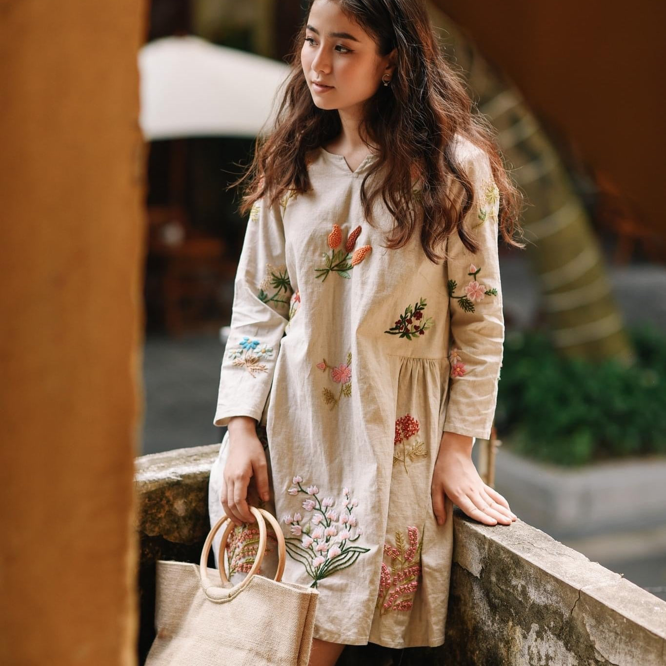 "Vietnamese embroidered linen dress 'Mimosa' in yellow with floral pattern by Huulala"