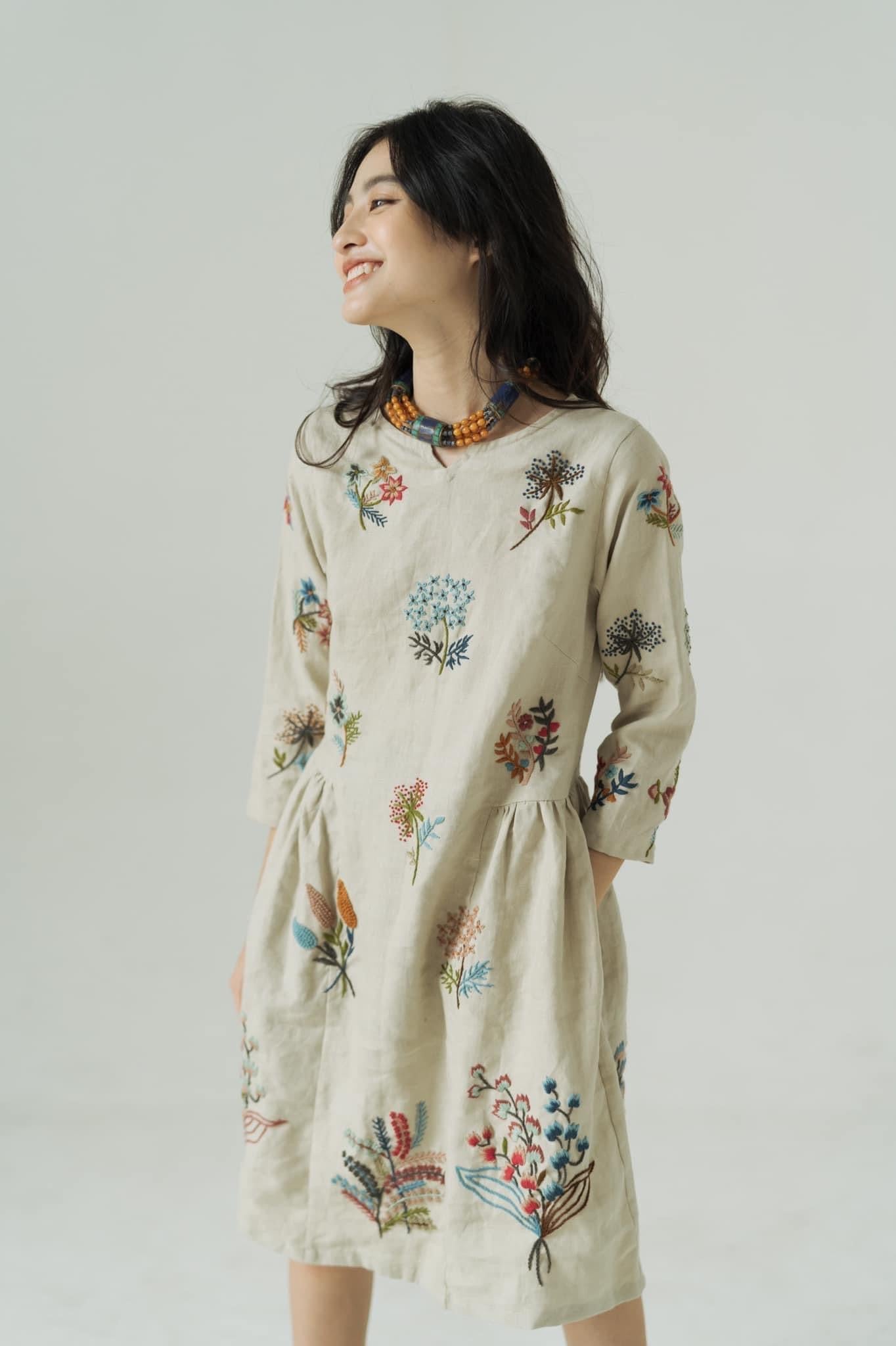 Vietnamese Embroidery - Mimosa - Embroidered Linen dress - side profile in beige by Huulala