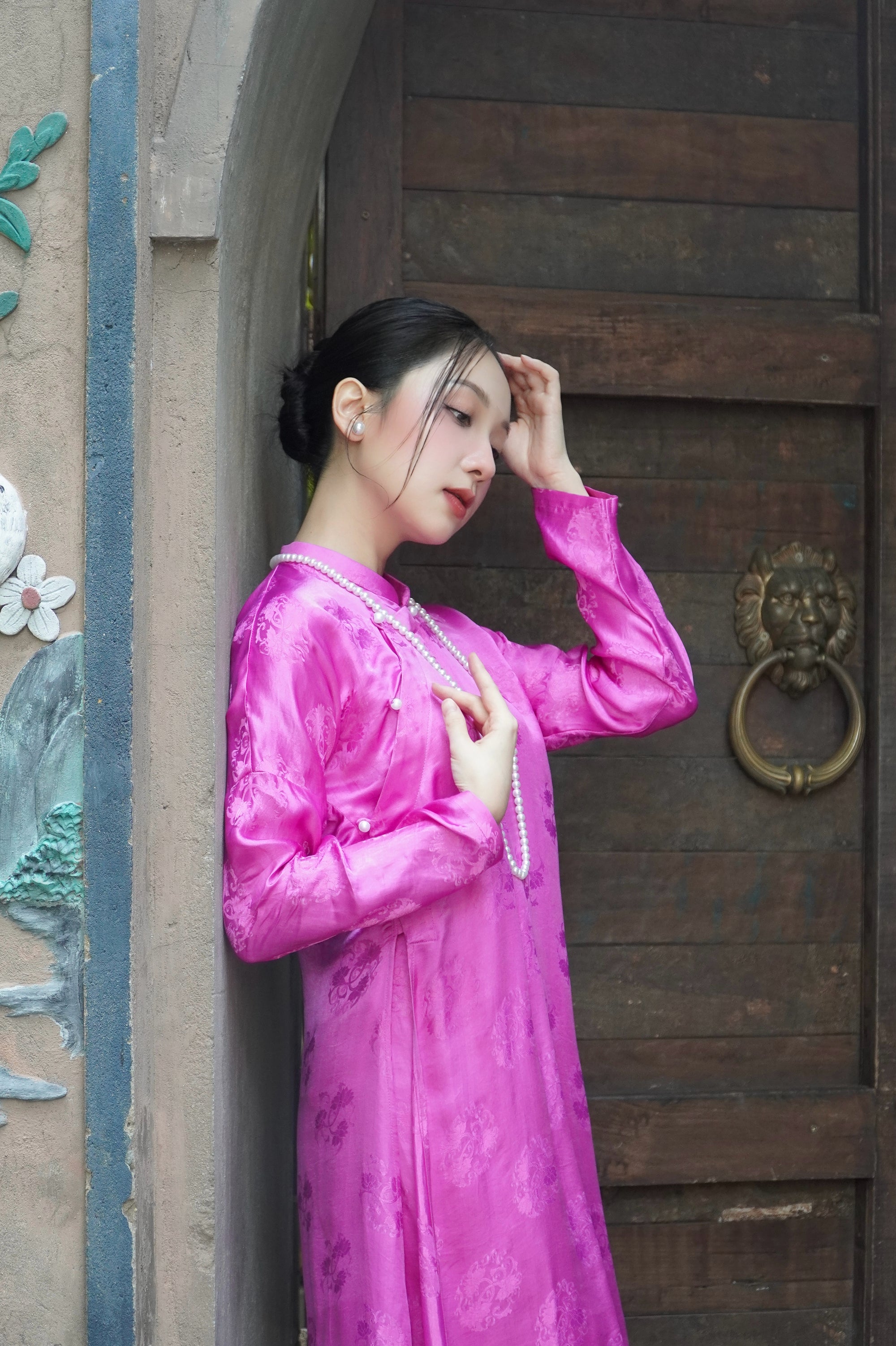 Nguyệt Liên" Ao Dai set -  Wormsilk 5-panel Design in Pink - Detail shot - Handcrafted Vietnamese design