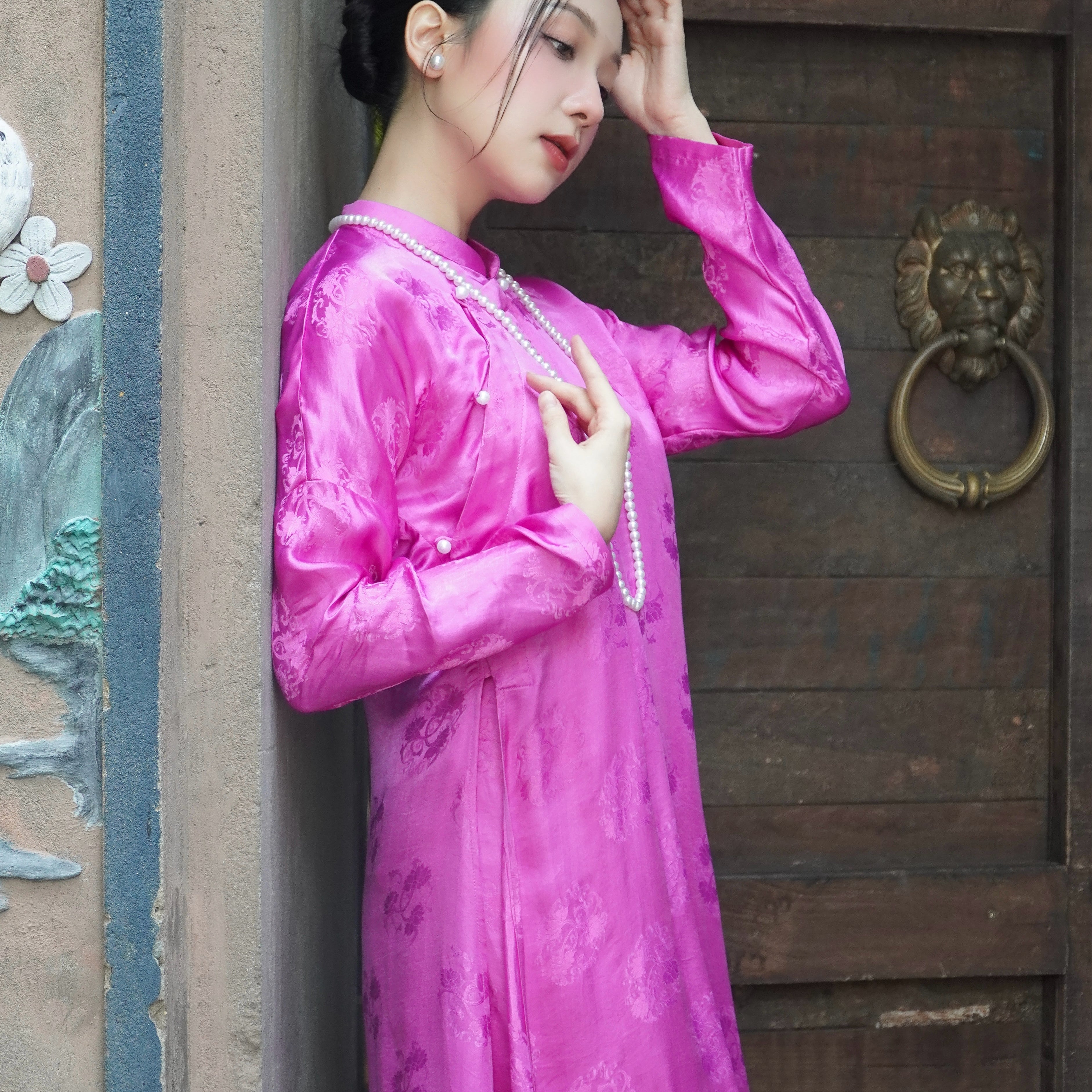 Nguyệt Liên" Ao Dai set -  Wormsilk 5-panel Design in Pink - Detail shot - Handcrafted Vietnamese design