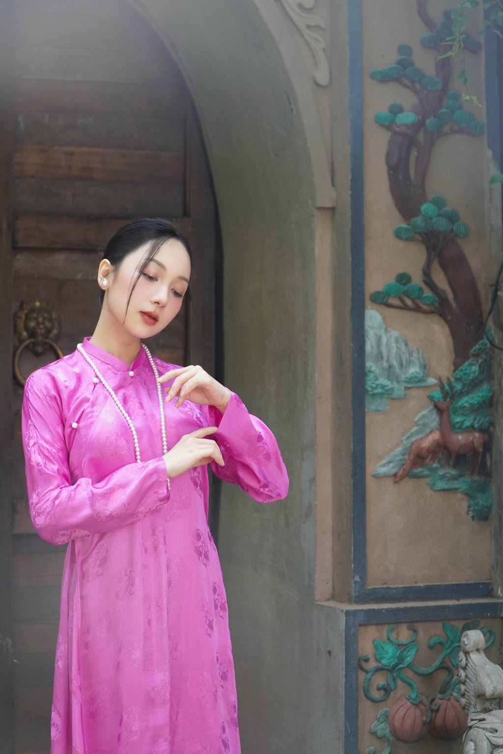 Nguyệt Liên" Ao Dai set -  Wormsilk 5-panel Design in Pink - Product detail - Vietnamese artisan collection