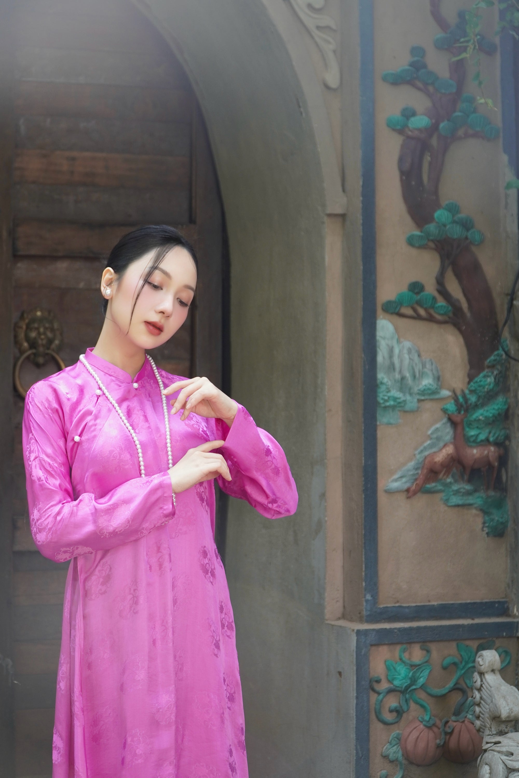 Nguyệt Liên" Ao Dai set -  Wormsilk 5-panel Design in Pink - Product detail - Vietnamese artisan collection