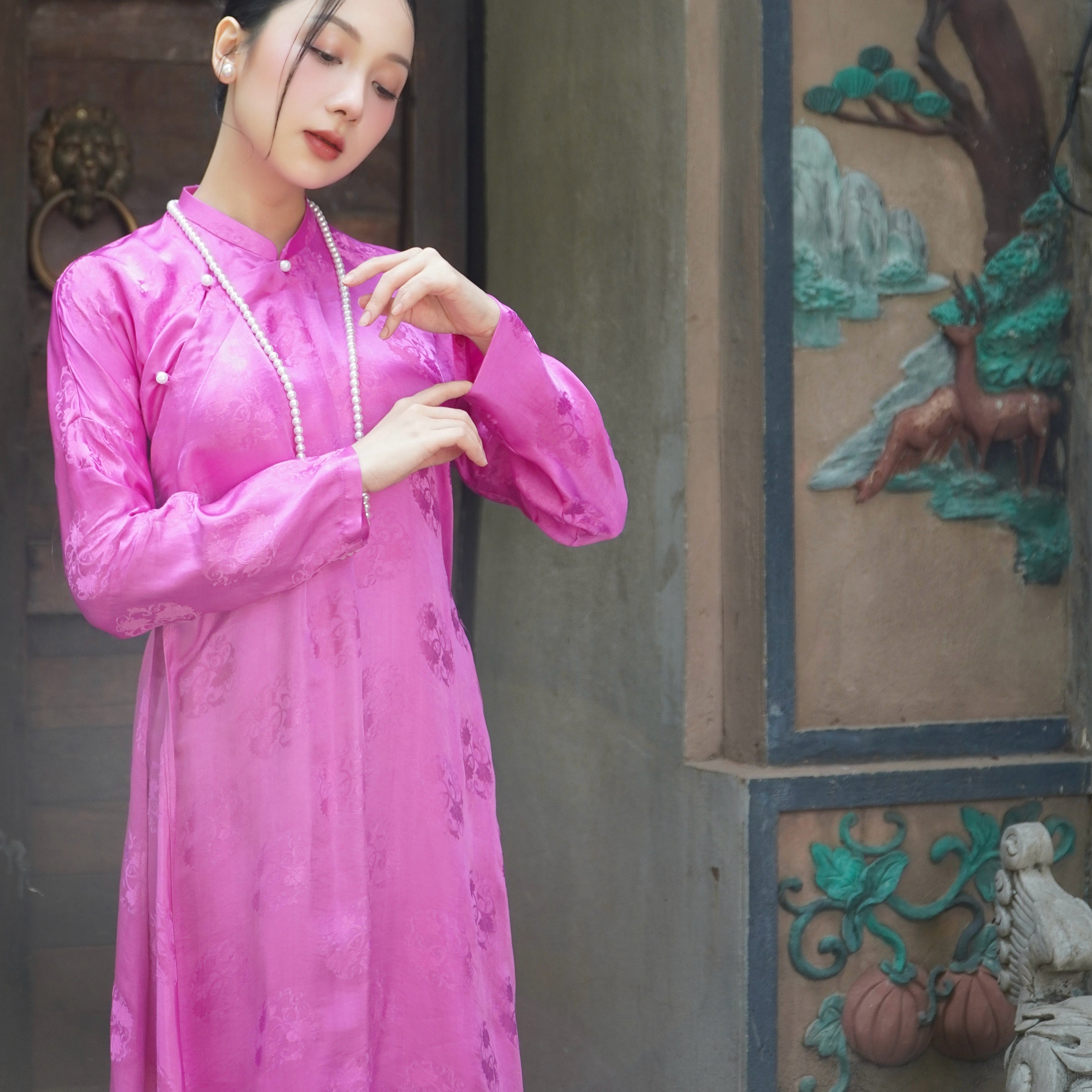 Nguyệt Liên" Ao Dai set -  Wormsilk 5-panel Design in Pink - Product detail - Vietnamese artisan collection