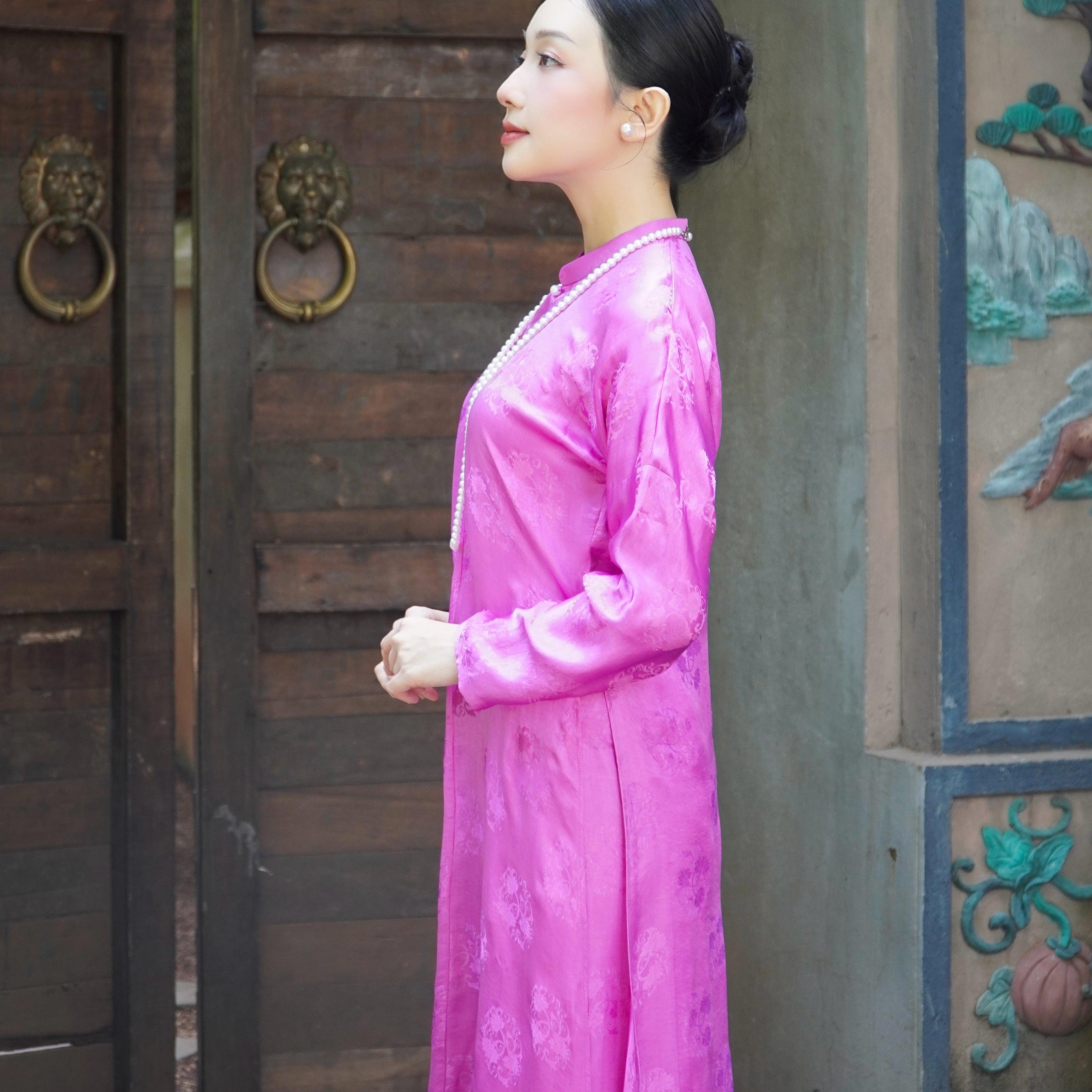 Nguyệt Liên" Ao Dai set -  Wormsilk 5-panel Design in Pink - Side view - Traditional Vietnamese craftsmanship