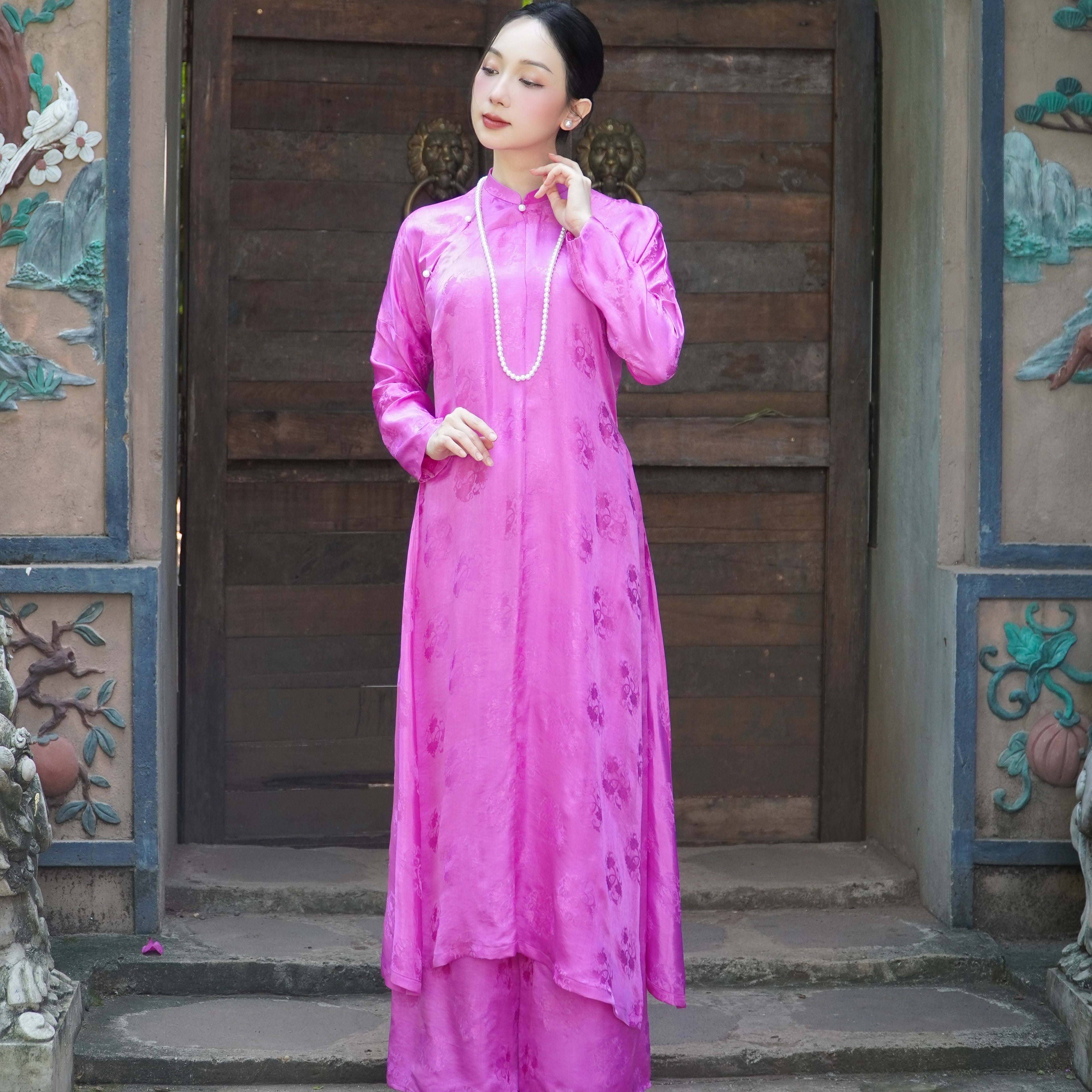 Nguyệt Liên" Ao Dai set -  Wormsilk 5-panel Design in Pink - Back view - Premium Vietnamese apparel