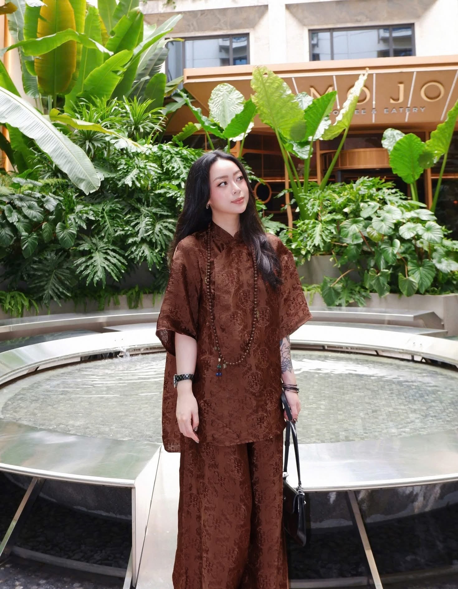 Traditional Motif - Ninh Van Set - Mandarin-neck Wormsilk in Earth Brown - front view in brocade in brown by Hy Phuong