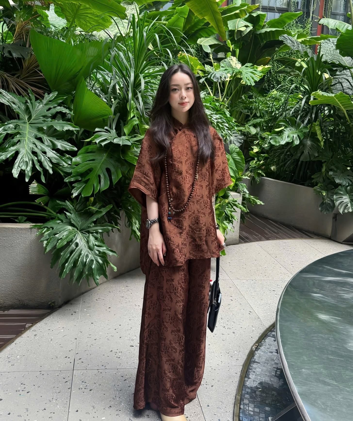 Traditional Motif - Ninh Van Set - Mandarin-neck Wormsilk in Earth Brown - front view in brocade in brown by Hy Phuong