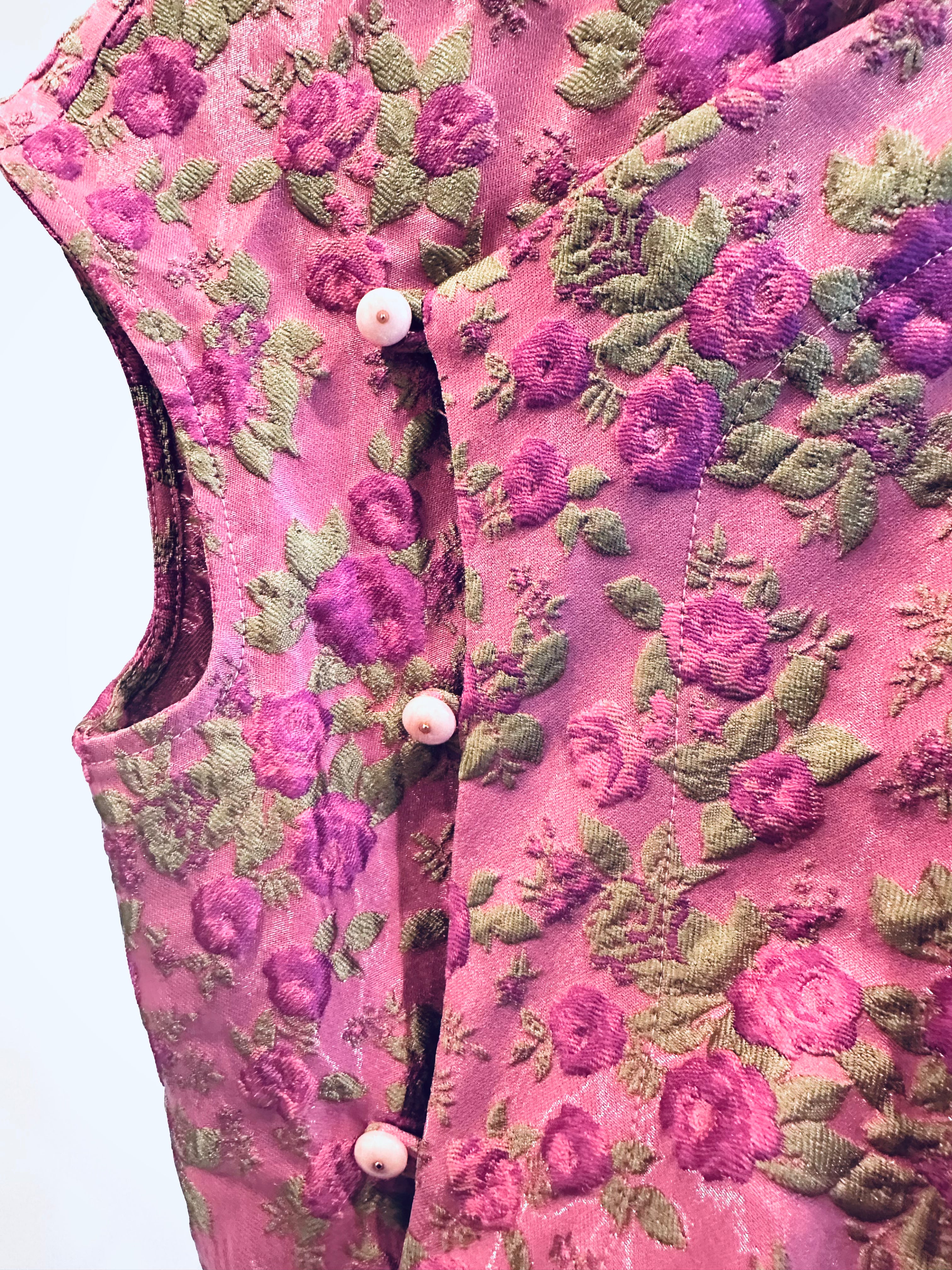 "Hương Trầm sleeveless brocade cheongsam top in magenta silk with floral pattern by Hy Phuong"