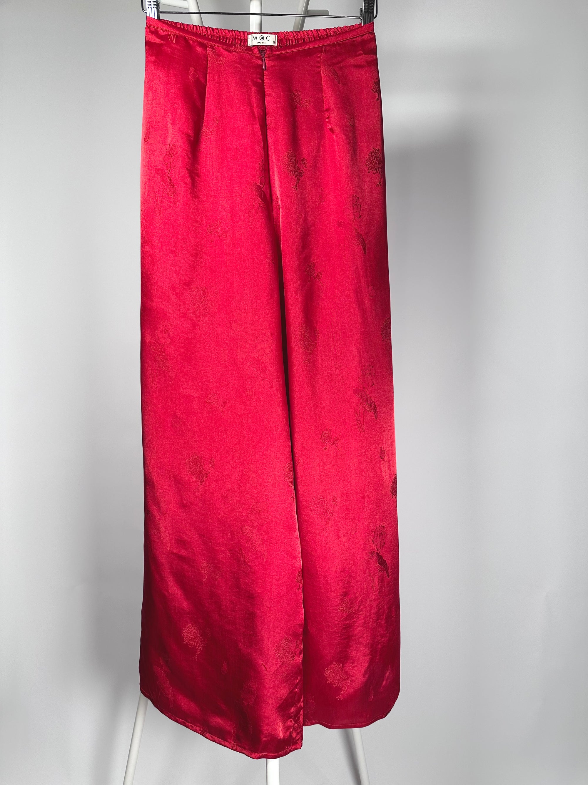 "Red Lotus pattern Ao Dai pants in silk jacquard, traditional Vietnamese design by Moc."