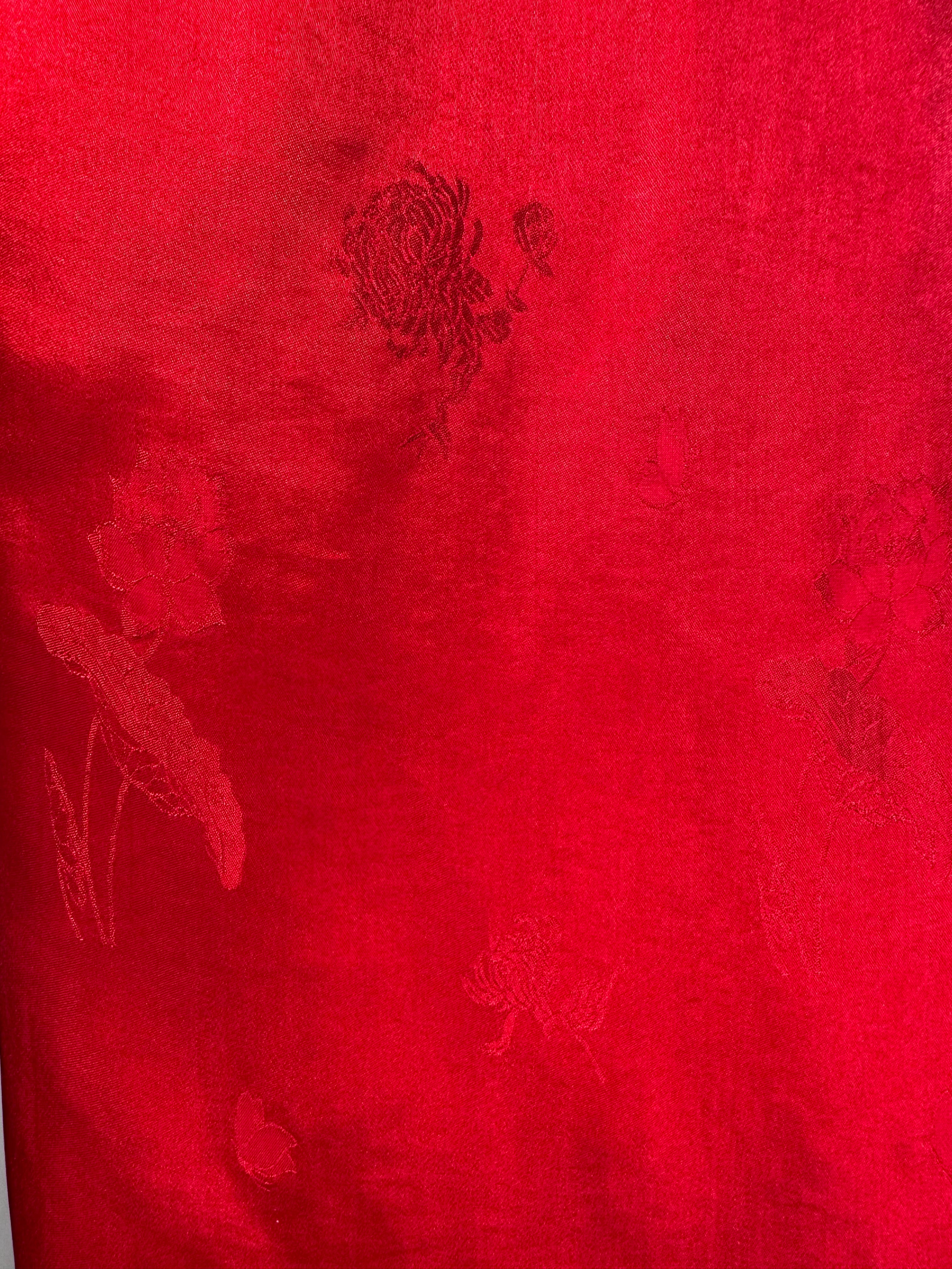 "Red Lotus pattern Ao Dai pants in woven silk, traditional Vietnamese design by Moc"