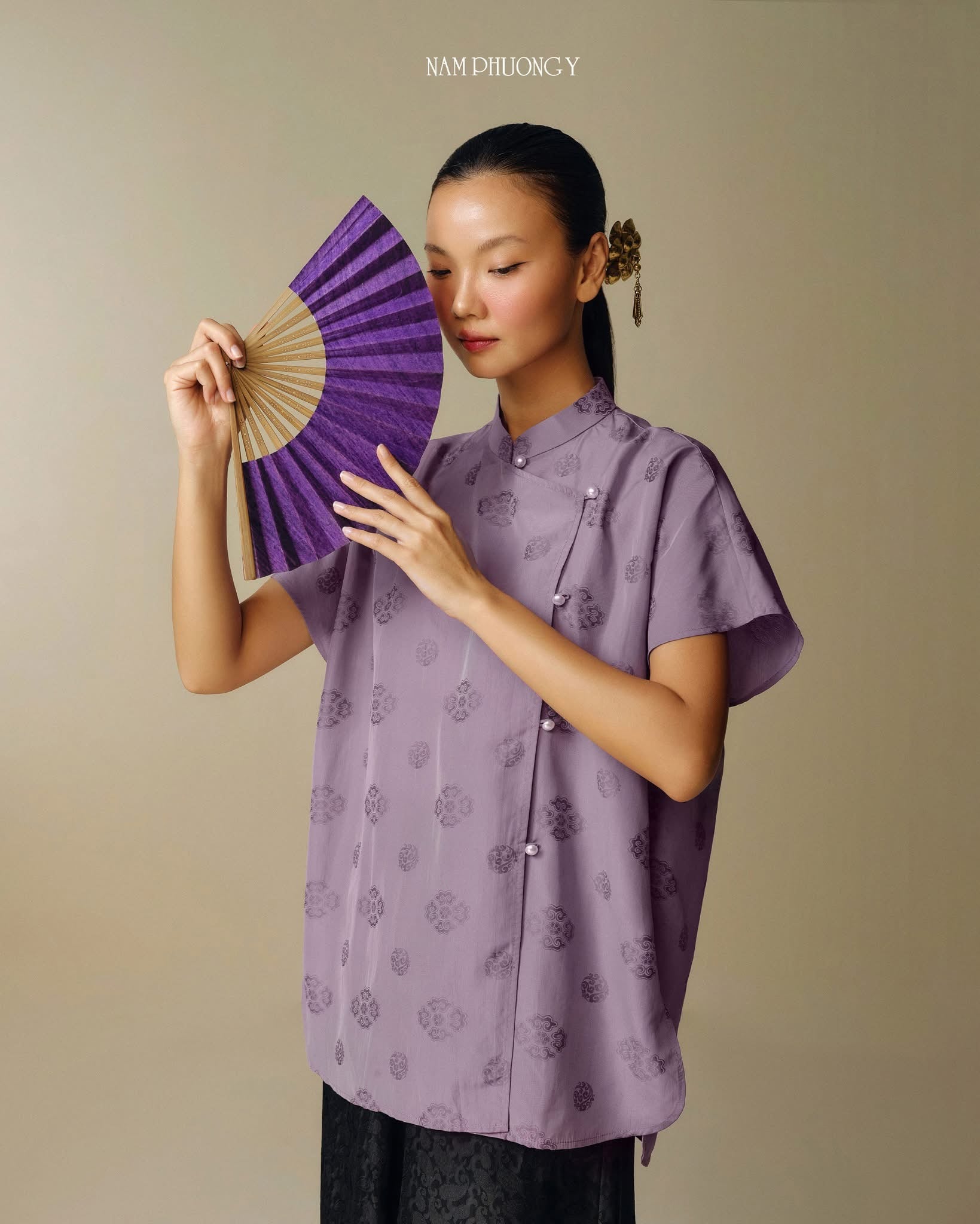 "Tu La Premium Wormsilk Dress in Imperial Lilac, Vietnamese modern jacquard silk design"
