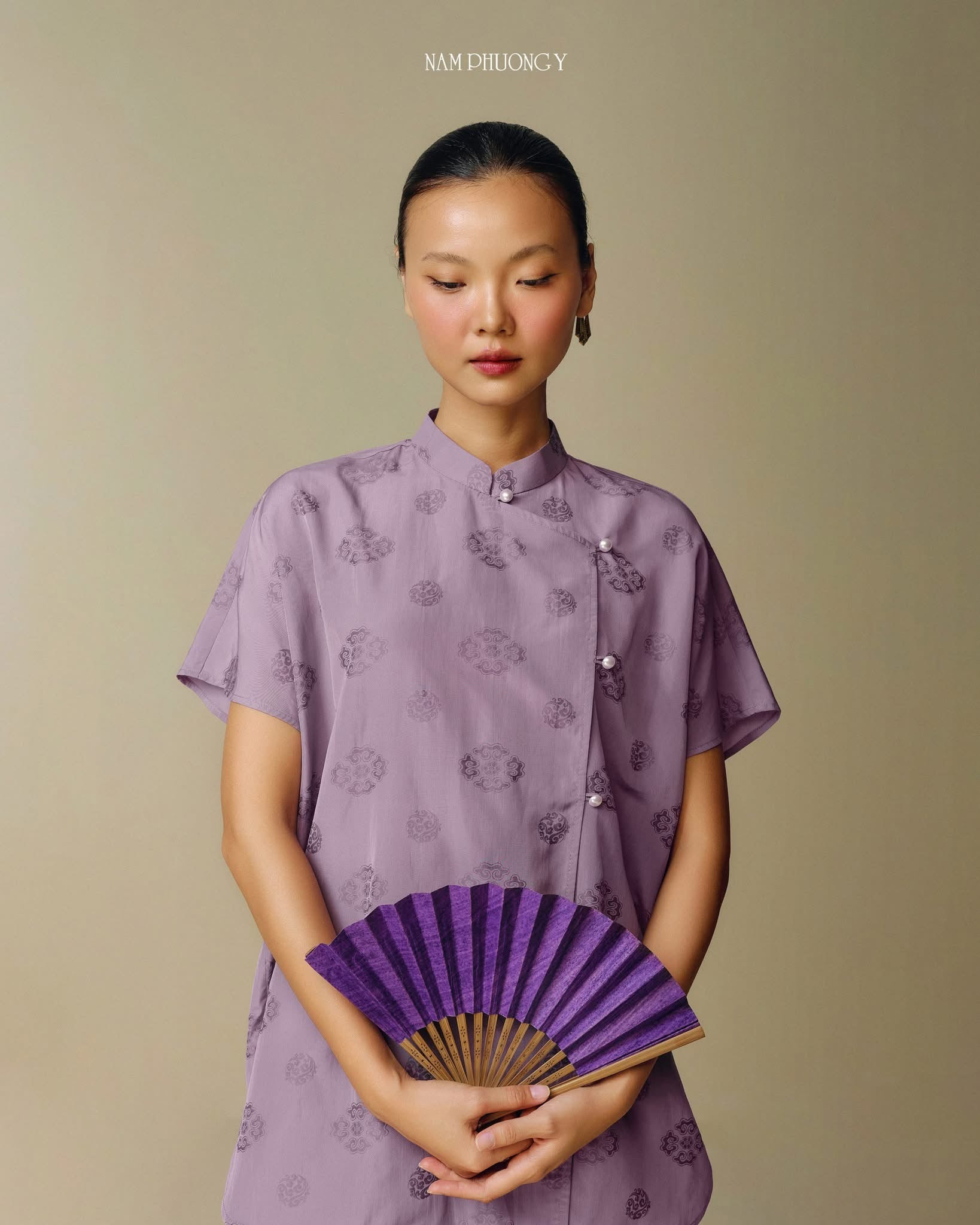 "Tu La - Premium Wormsilk Dress in Imperial Lilac, Vietnamese modern jacquard pattern"