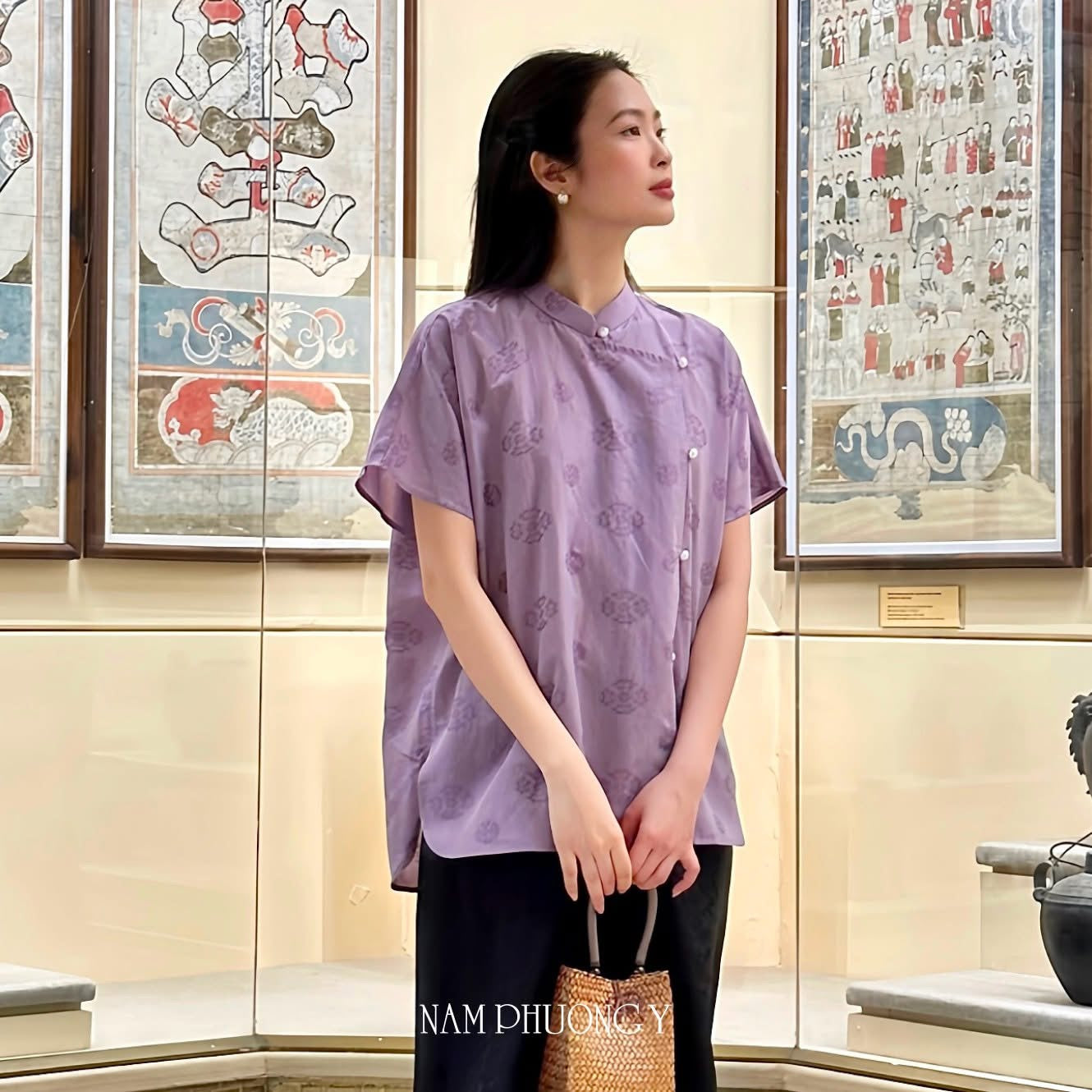 "Tu La - Premium Wormsilk Set in Imperial Lilac, modern Vietnamese dress in lilac silk jacquard by Nam Phuong Y"