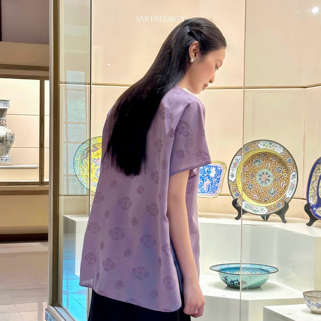"Tu La" Premium Wormsilk Dress in Imperial Lilac by Nam Phuong Y, modern jacquard pattern.