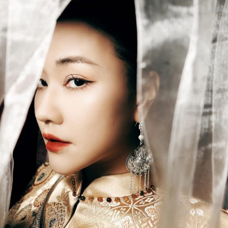 Vietnamese Silver - Vân Long Earrings – The Imperial Dragon’s Whisper - worn presentation in silver by HI de Maison