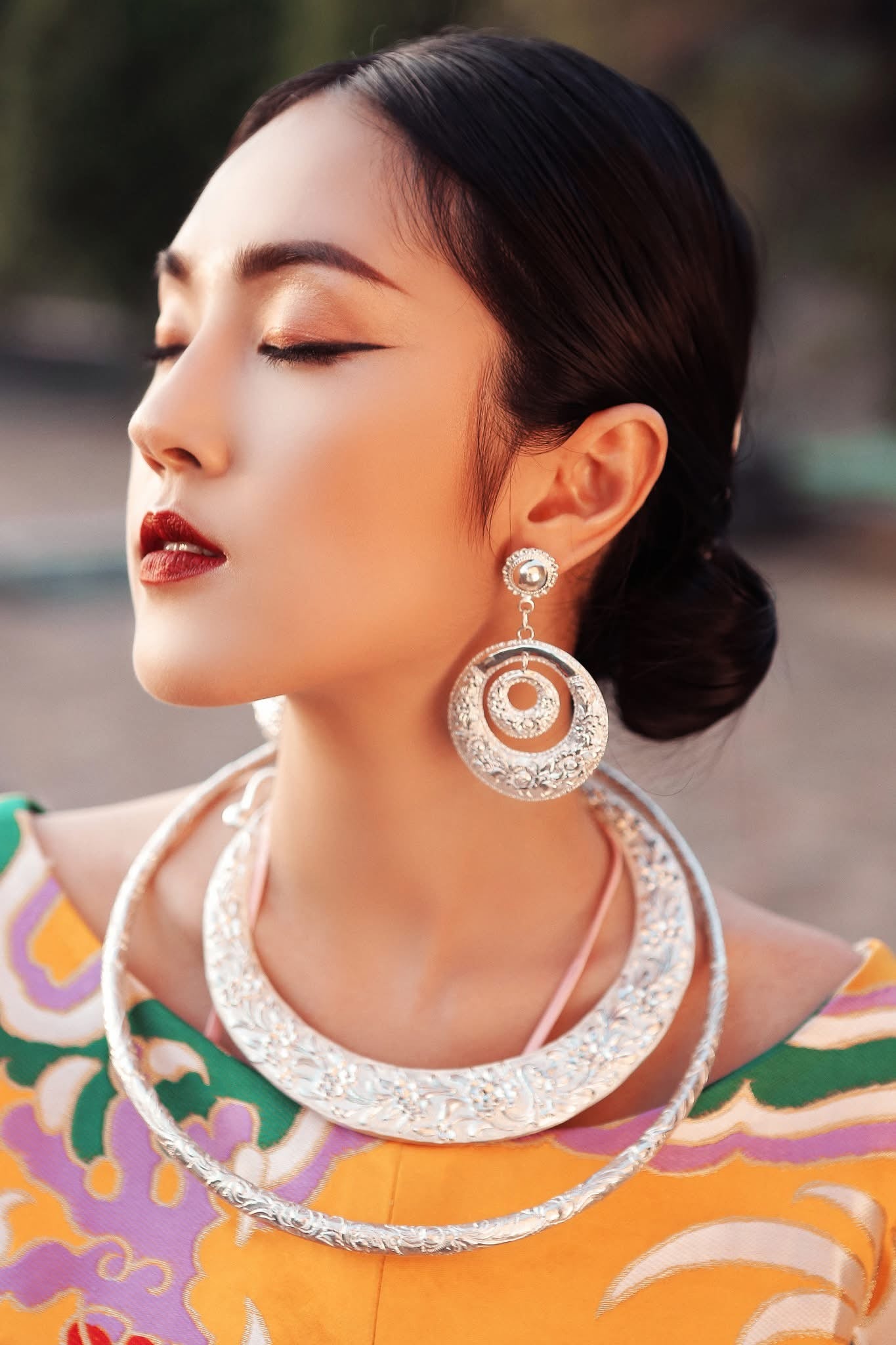 "Nhat Chi Mai fine silver collar necklace by HI de Maison, red silk, floral artisan design"