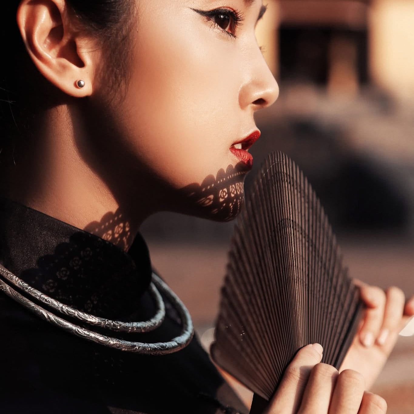 Vietnamese Silver - Lien Tri Torque Necklace in Fine-silver in Lotus Pattern - side profile in silver by HI de Maison