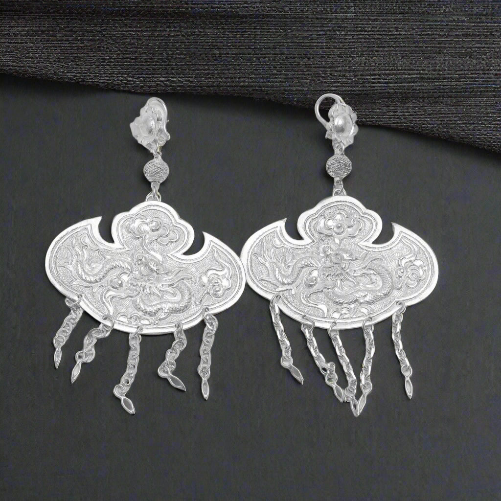 "Vân Long Earrings – Silver artisan earrings with traditional Vietnamese dragon motifs, by HI de Maison."