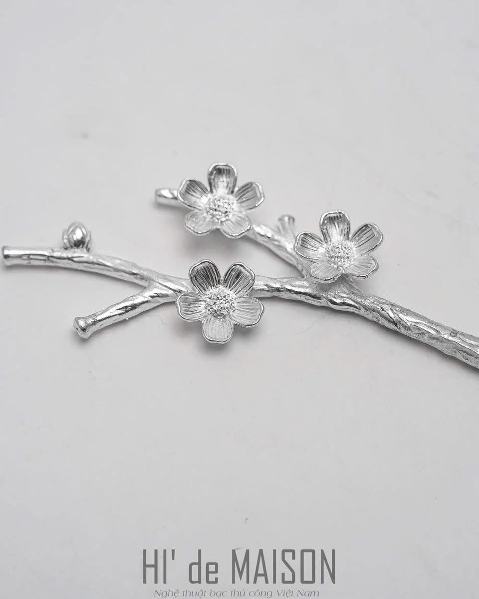 Nhất Chi Mai – Fine Silver Hair Pin with Apricot Blossoms - detailed view highlighting fabric texture and quality by HI de Maison at L'Orient Haus