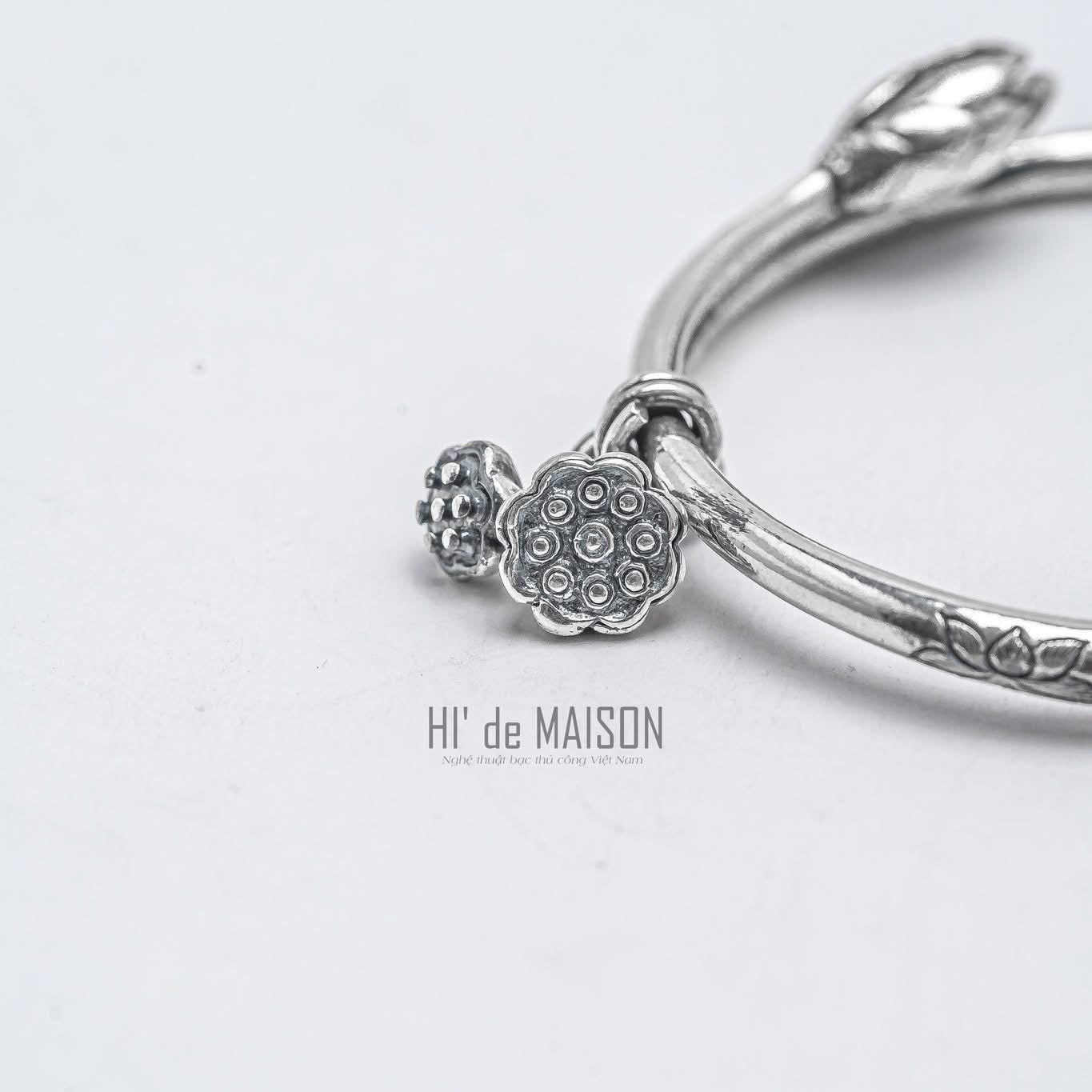 Vietnamese Silver - Hạ Liên – Fine Silver Lotus Bud Bangle - detail close-up in silver by HI de Maison