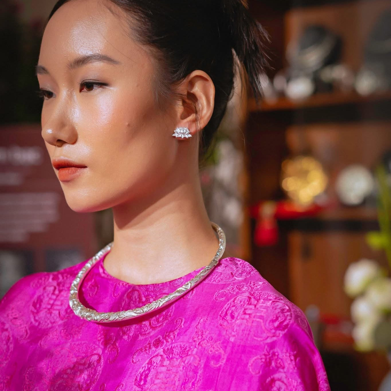 "Vang Long Minh Torque Necklace in fine-silver with dragon pattern, artisan-crafted, modern design, cultural authenticity, by HI de Maison"