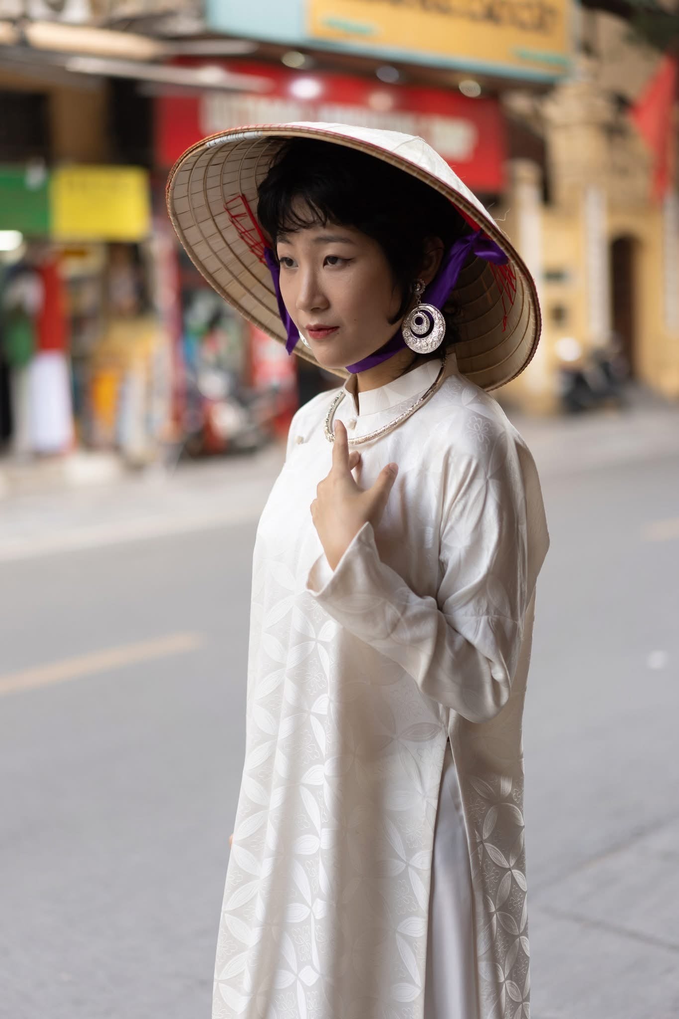 Vietnamese Silver - Lien Tri Torque Necklace in Fine-silver in Lotus Pattern - styled presentation in silver by HI de Maison