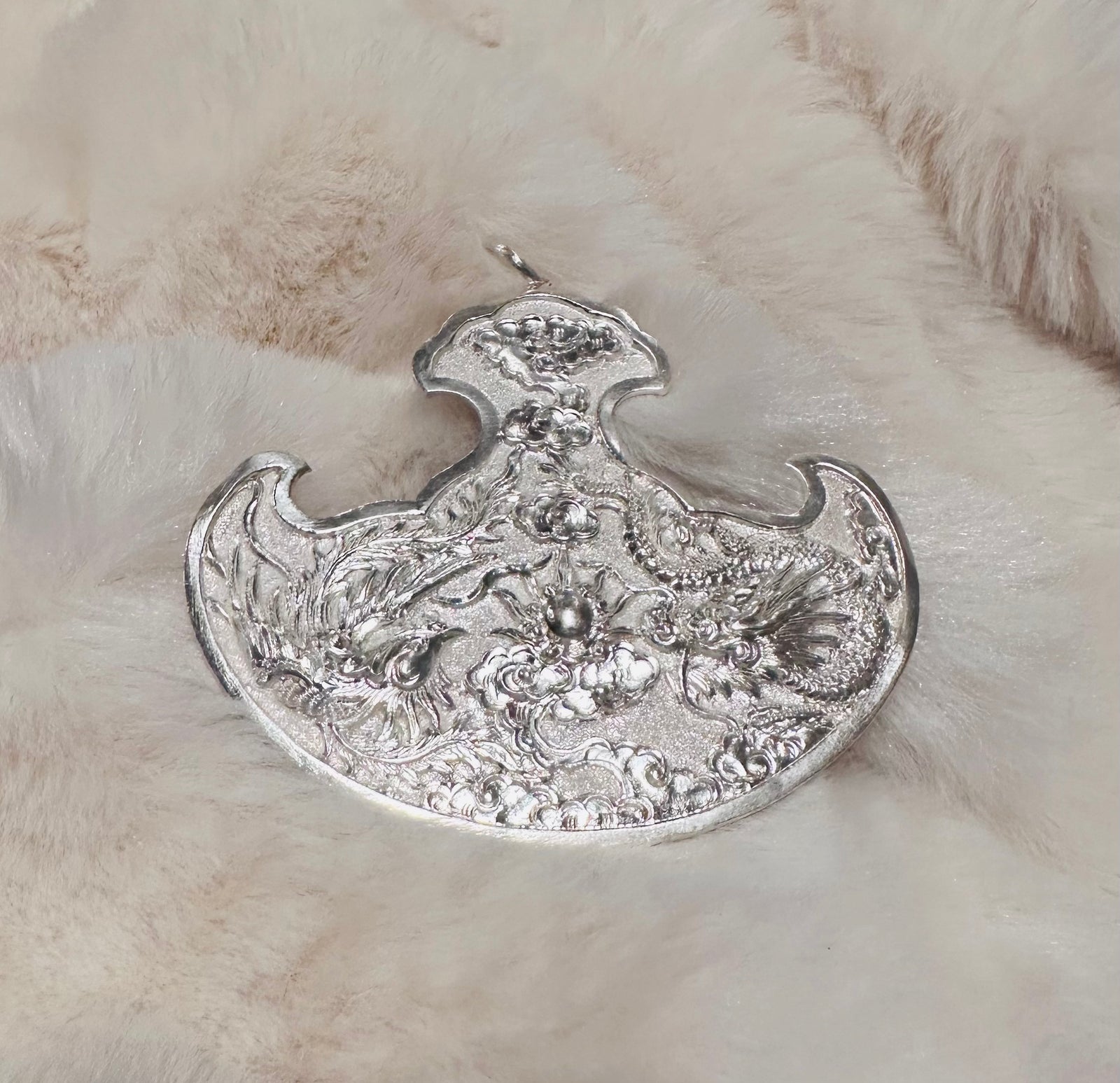 Song Long/Phượng Bội – Twin Phoenix/ Cloud Pendant in Fine Silver - flat lay display by HI de Maison