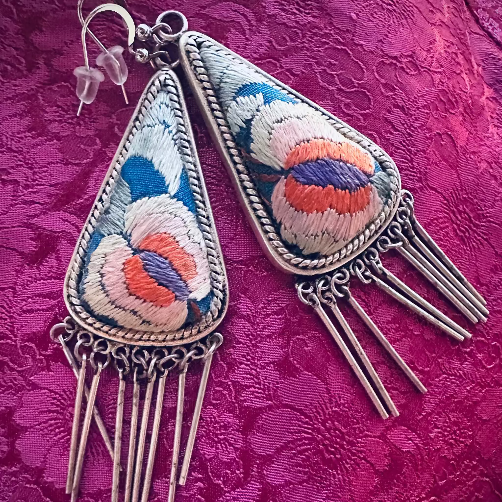 Cloud Blossom teardrop Miao embroidery silk earrings with traditional Vietnamese patterns