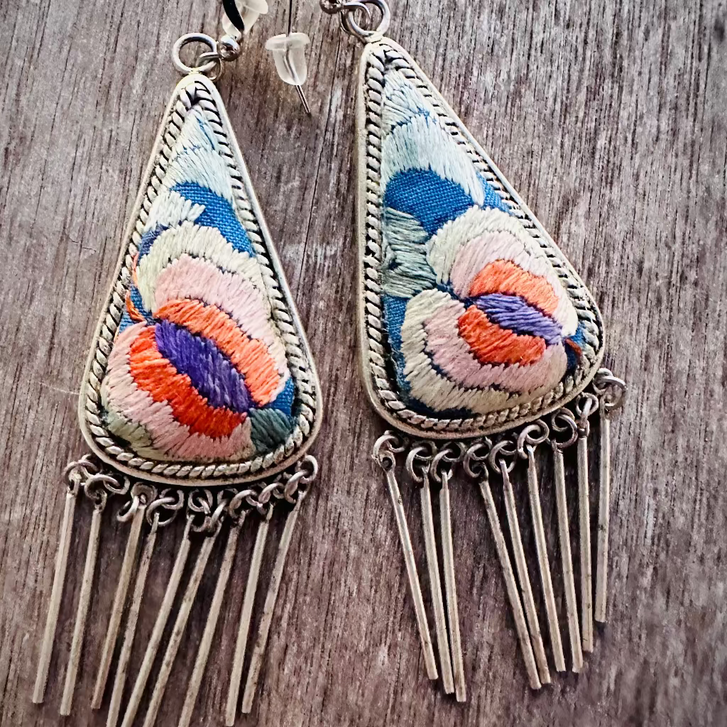 Cloud Blossom handcrafted silk embroidered teardrop earrings close-up detail