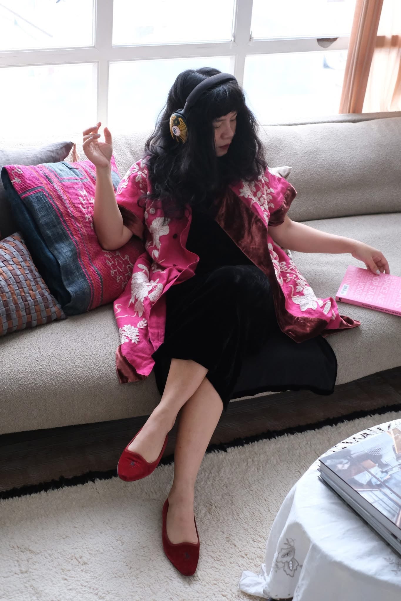 "Uni mid-length kimono with velvet trim, red and white floral embroidery, silk-cotton blend, Vietnamese-inspired design by Huulala."